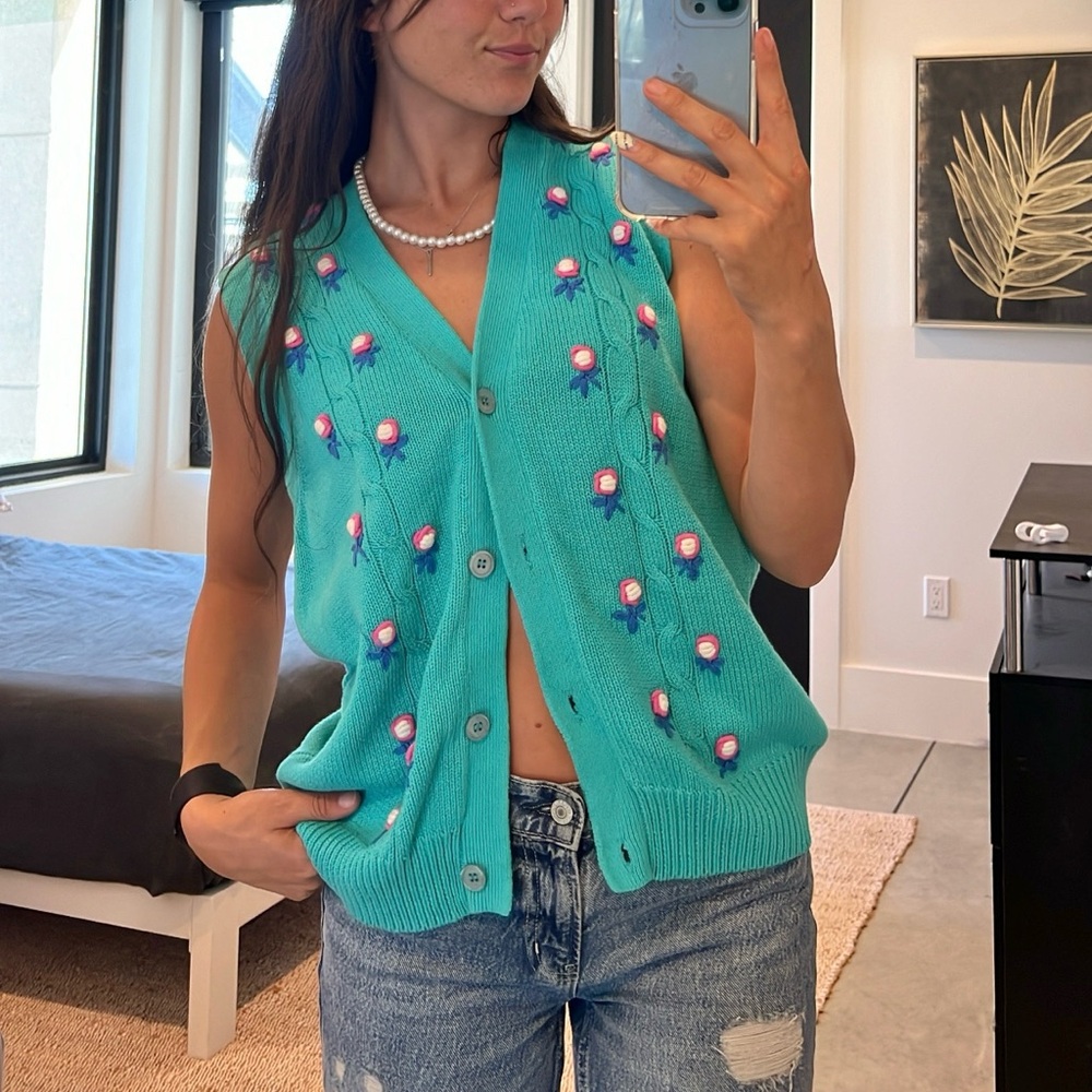 Vintage Turquoise Floral Knit Vest